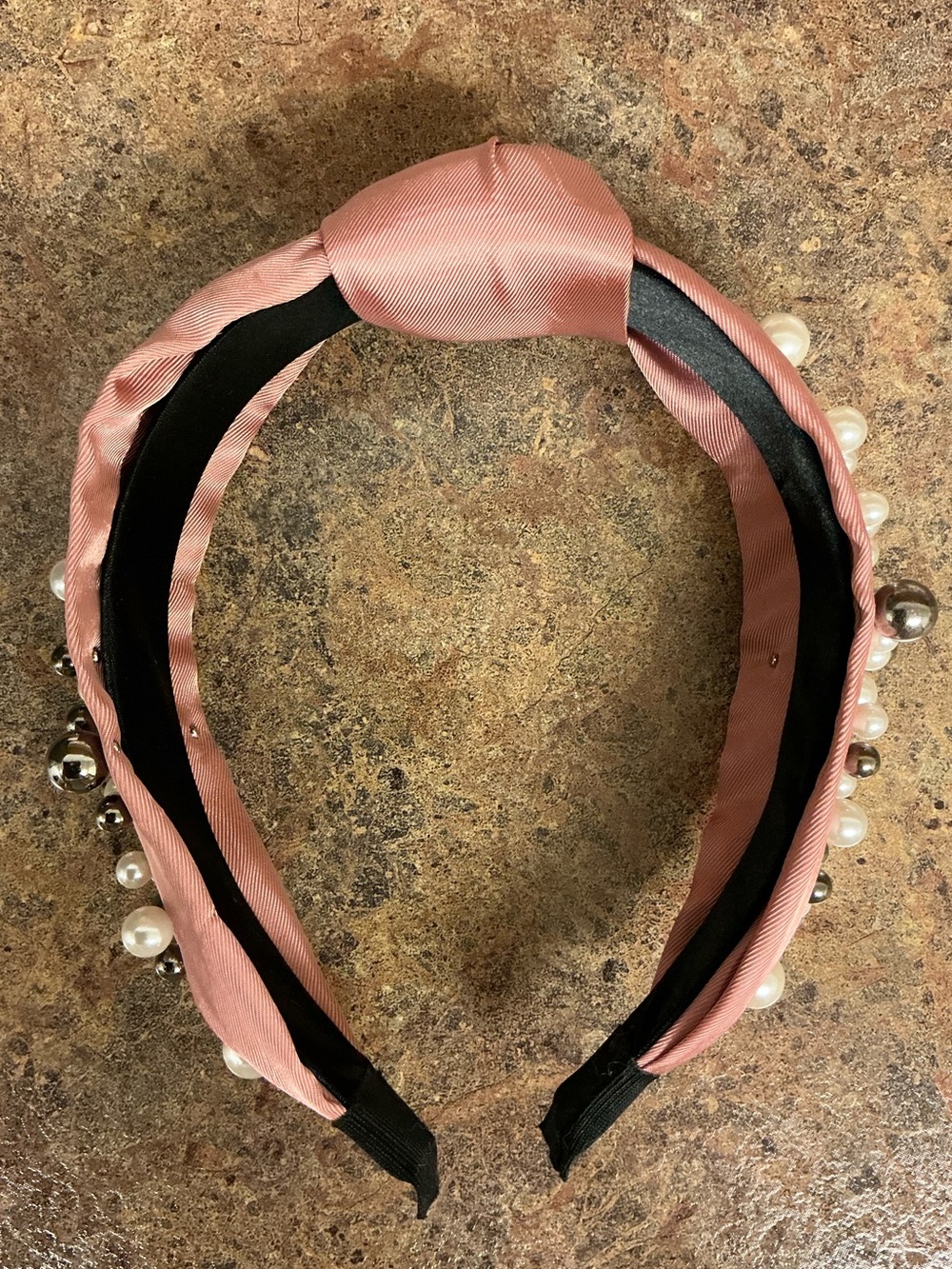 Pearl-Embellished Pink Satin Headband